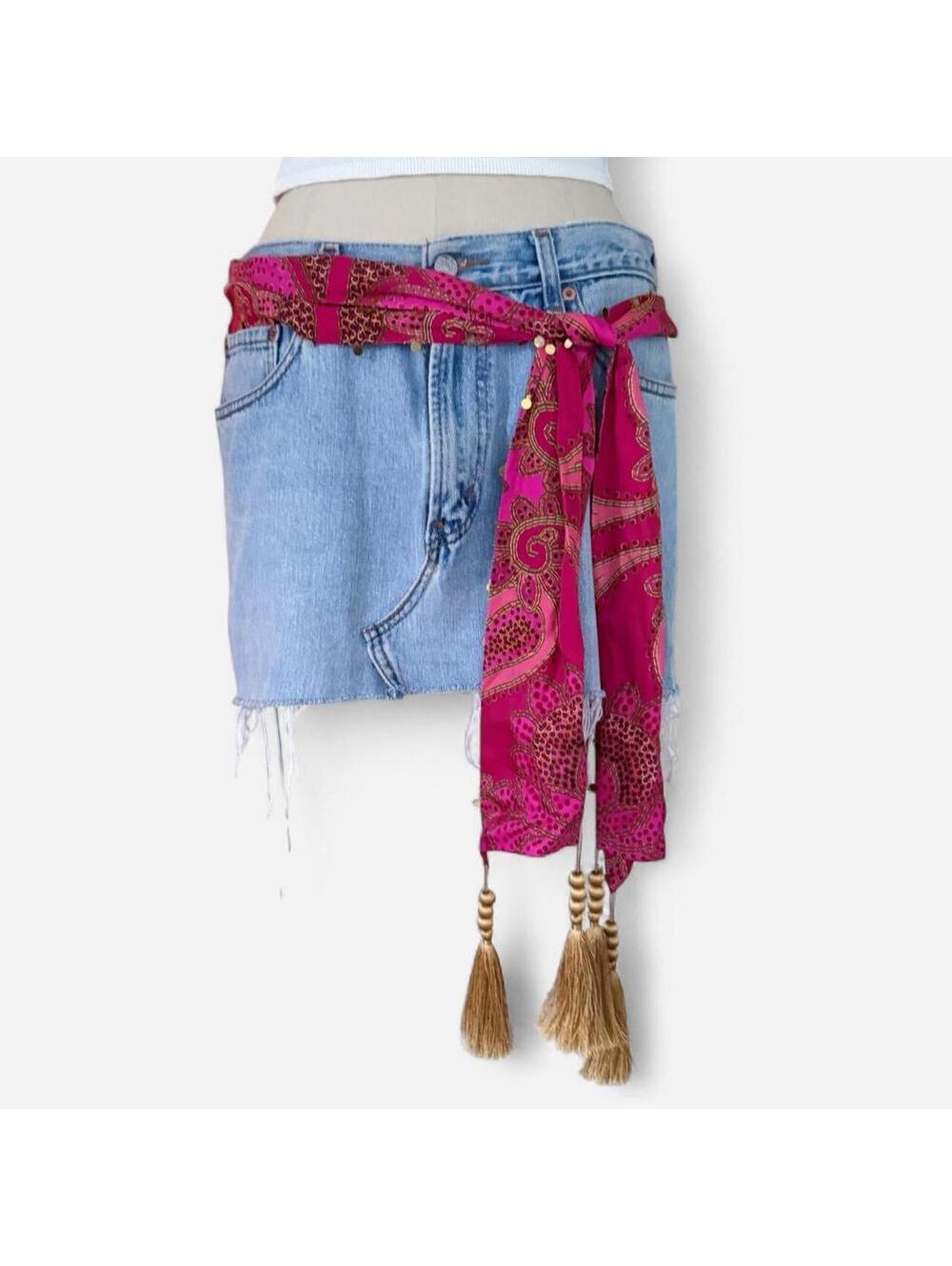 Vintage Boho Pink Gold Paisley Fringe Tassel Sash Belt One Size